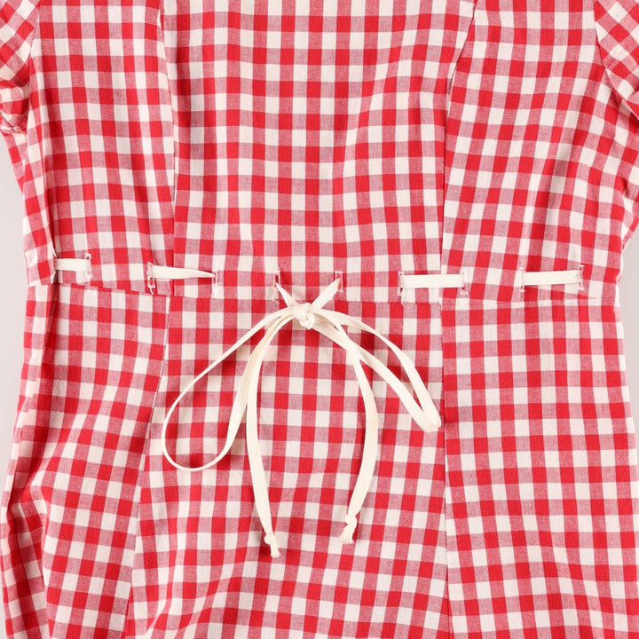 GRANITE Gingham Check Long Short-Sleeve Flared Dress, Made in USA, Women's Size M (Equivalent), Vintage cotton red type Vintage Second Hand