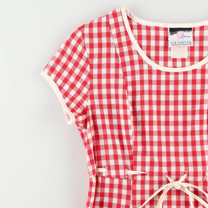 GRANITE Gingham Check Long Short-Sleeve Flared Dress, Made in USA, Women's Size M (Equivalent), Vintage cotton red type Vintage Second Hand