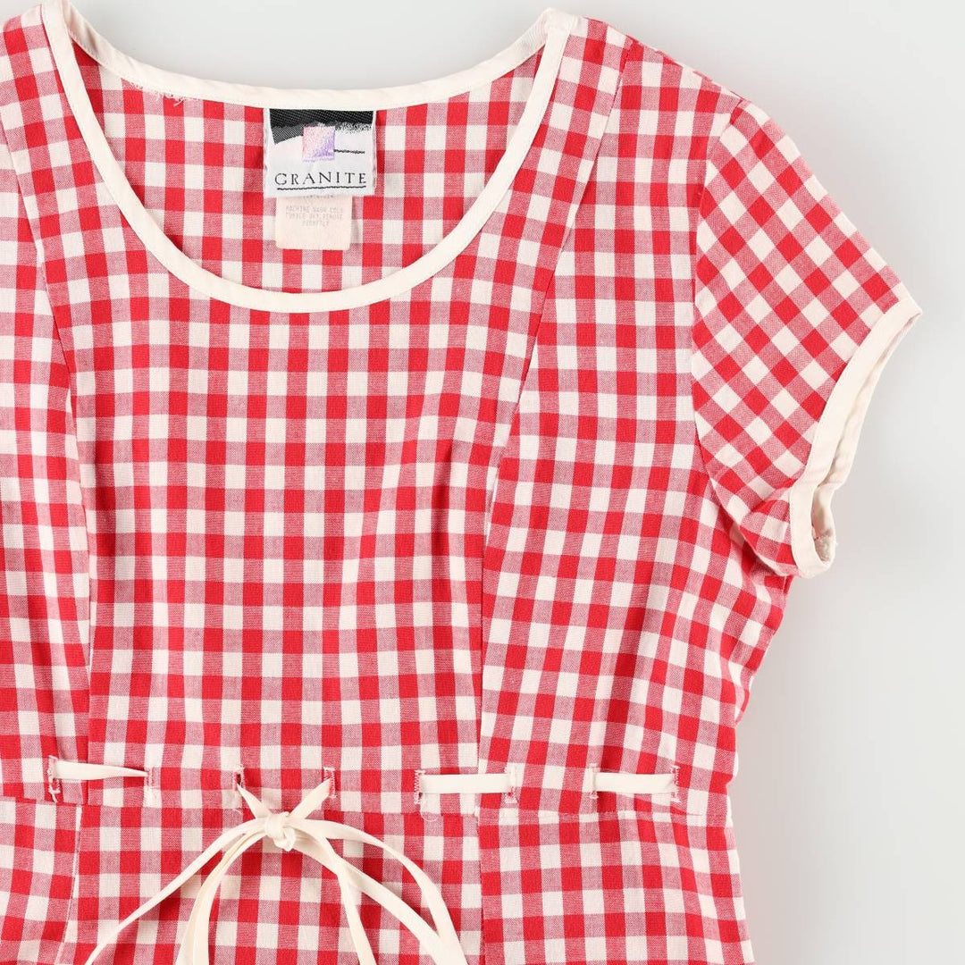 GRANITE Gingham Check Long Short-Sleeve Flared Dress, Made in USA, Women's Size M (Equivalent), Vintage cotton red type Vintage Second Hand