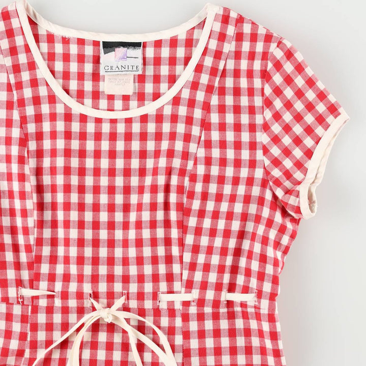 GRANITE Gingham Check Long Short-Sleeve Flared Dress, Made in USA, Women's Size M (Equivalent), Vintage cotton red type Vintage Second Hand