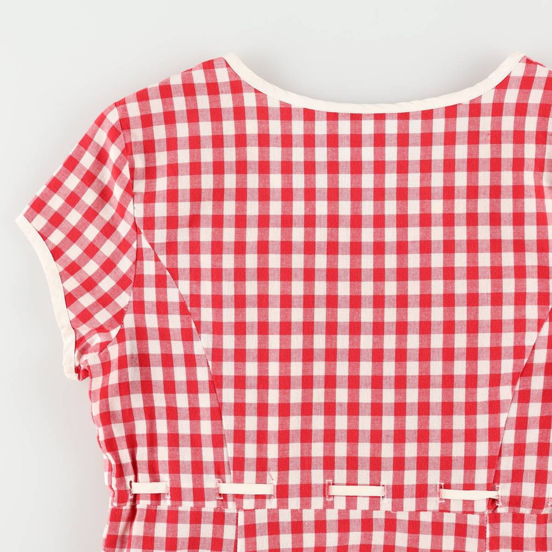 GRANITE Gingham Check Long Short-Sleeve Flared Dress, Made in USA, Women's Size M (Equivalent), Vintage cotton red type Vintage Second Hand