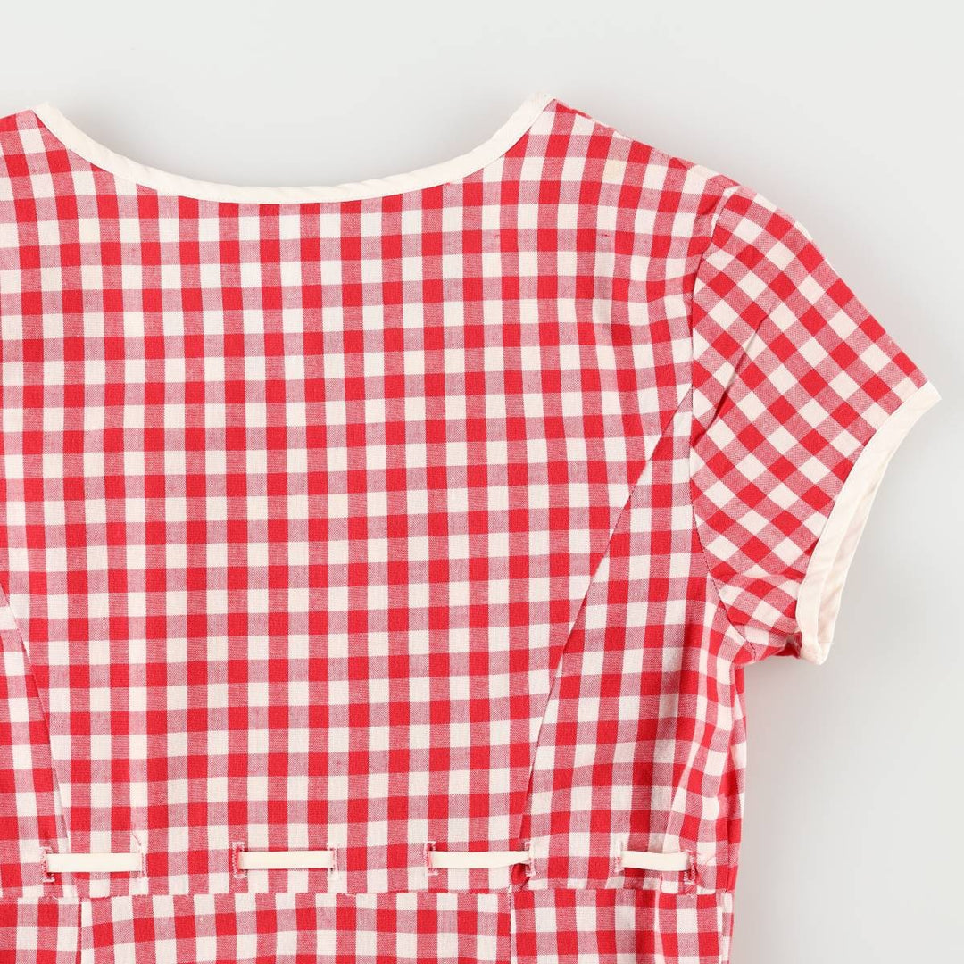 GRANITE Gingham Check Long Short-Sleeve Flared Dress, Made in USA, Women's Size M (Equivalent), Vintage cotton red type Vintage Second Hand