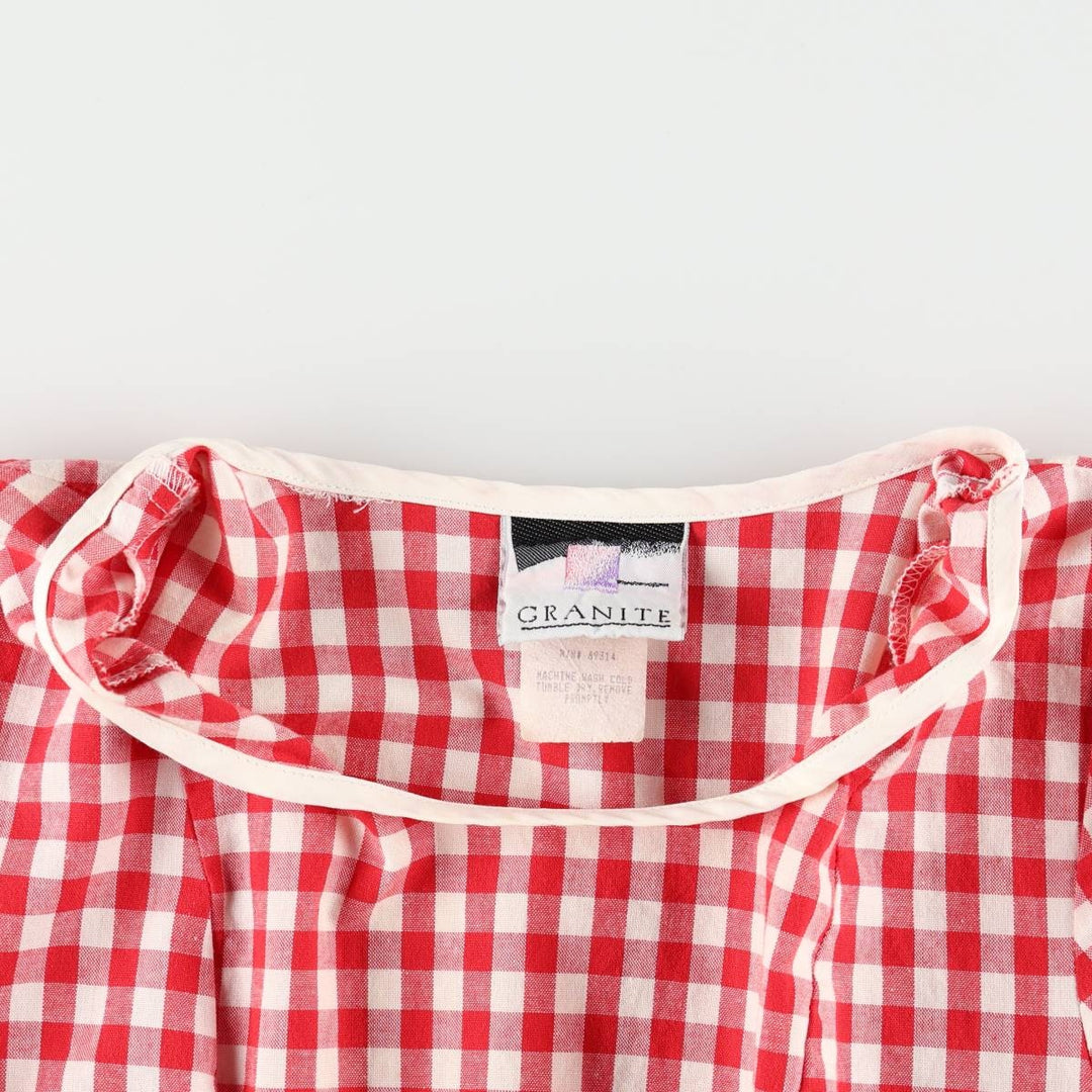 GRANITE Gingham Check Long Short-Sleeve Flared Dress, Made in USA, Women's Size M (Equivalent), Vintage cotton red type Vintage Second Hand