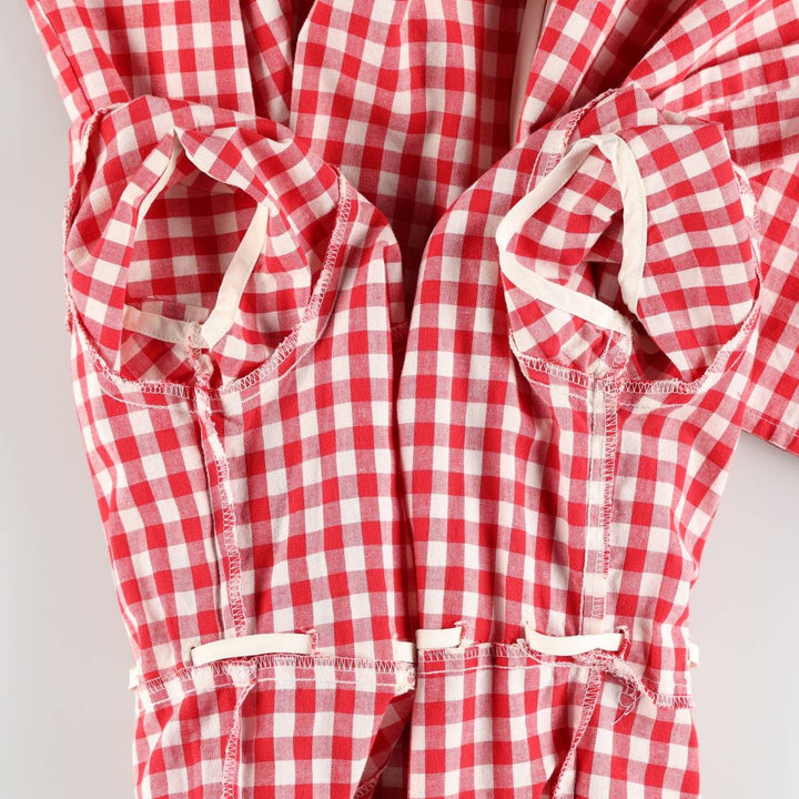 GRANITE Gingham Check Long Short-Sleeve Flared Dress, Made in USA, Women's Size M (Equivalent), Vintage cotton red type Vintage Second Hand