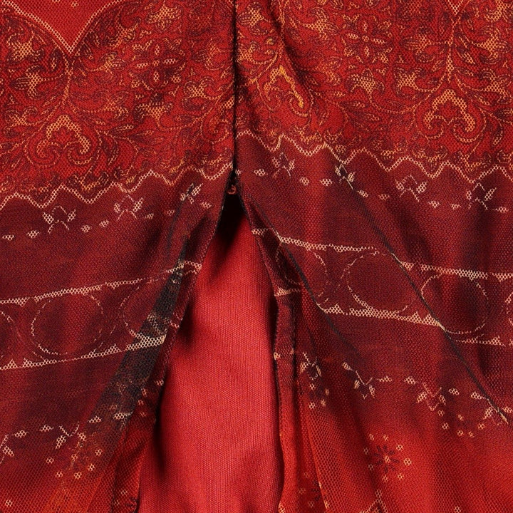 NEXT TO LOVE all-over print long tight skirt, made in the USA, women's size M equivalent. polyester red type Vintage Second Hand
