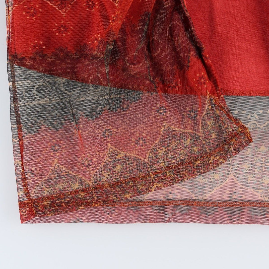 NEXT TO LOVE all-over print long tight skirt, made in the USA, women's size M equivalent. polyester red type Vintage Second Hand