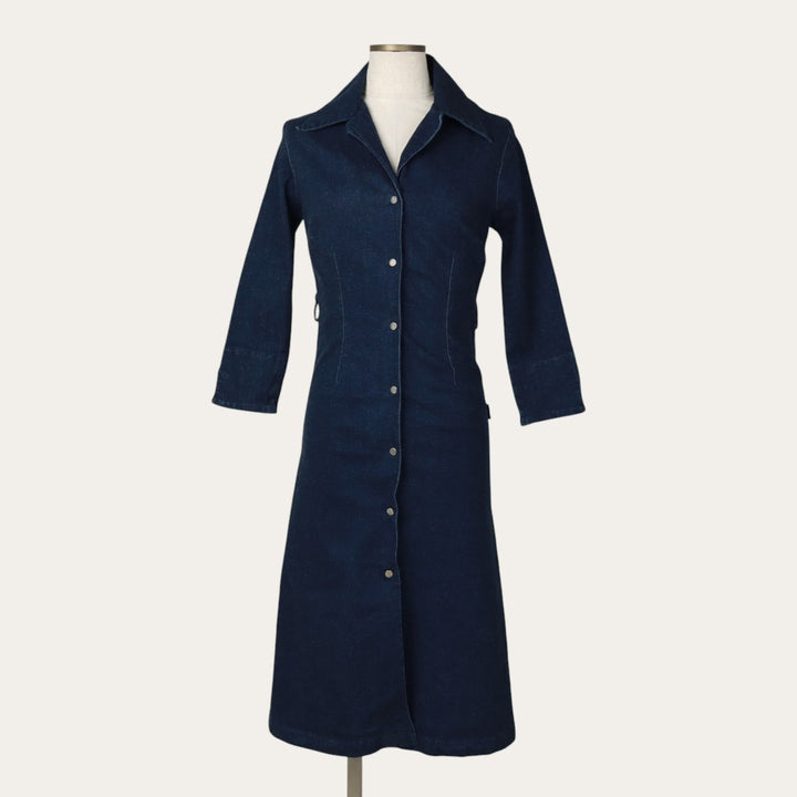Face Off Midi-Length Open-Collar Denim Dress (Women's Size XS) cotton navy blue type Vintage Second Hand