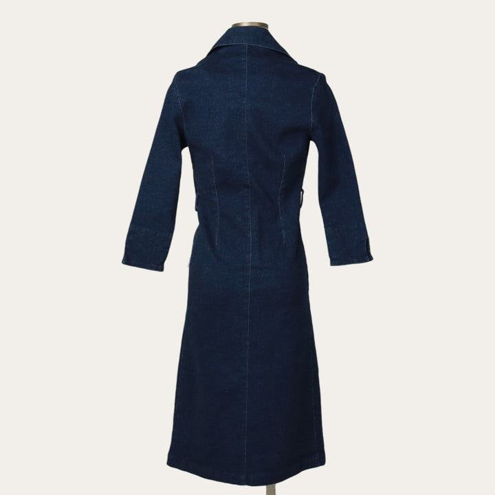 Face Off Midi-Length Open-Collar Denim Dress (Women's Size XS) cotton navy blue type Vintage Second Hand