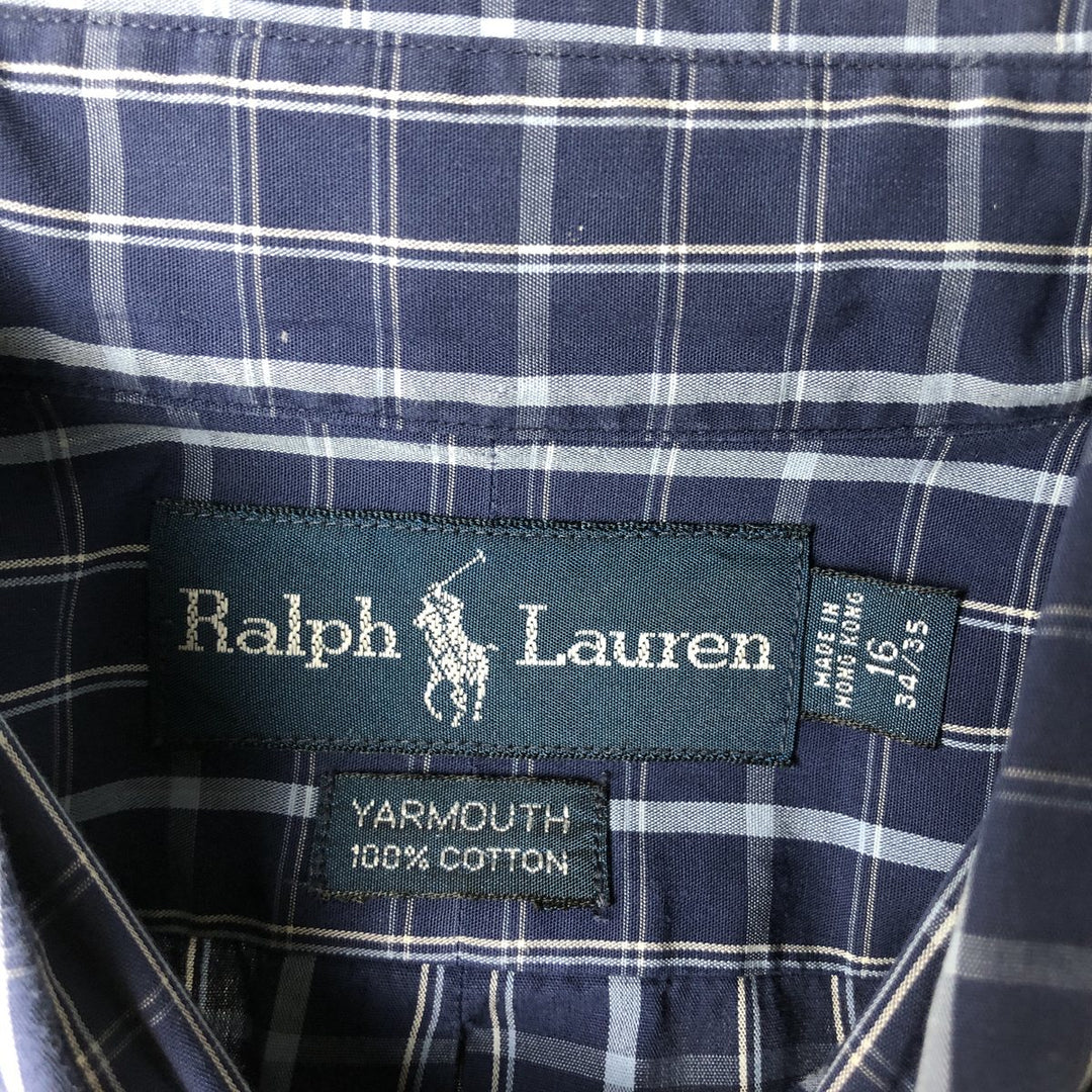 Ralph Lauren YARMOUTH Long Sleeve Button-Down Check Shirt, Men's Size L cotton navy blue type Vintage Second Hand