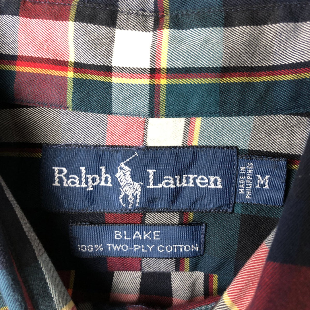 Ralph Lauren BLAKE long sleeve button down check shirt, men's size M cotton navy blue type Vintage Second Hand