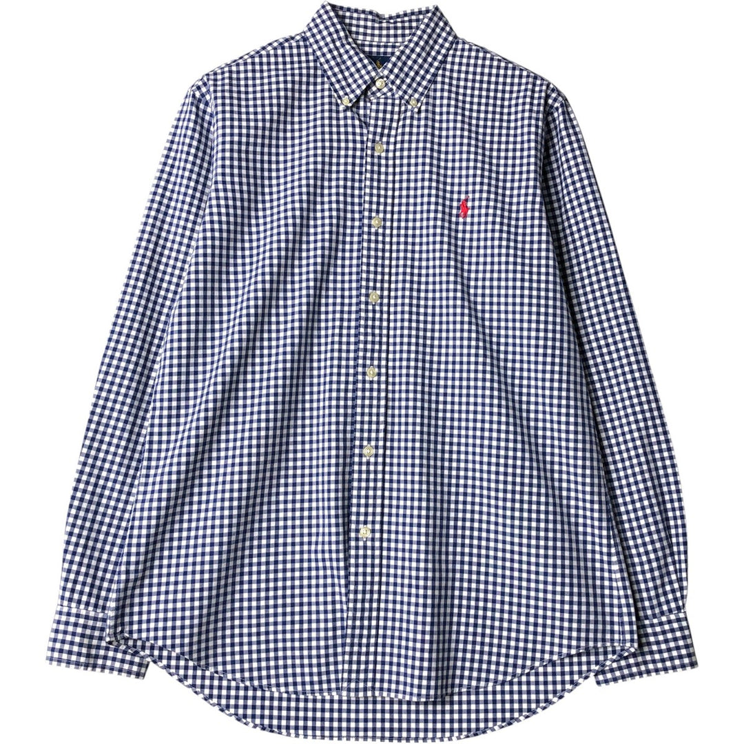 Ralph Lauren Gingham Check Long Sleeve Button-Down Check Shirt, Men's M Size cotton navy blue type Vintage Second Hand