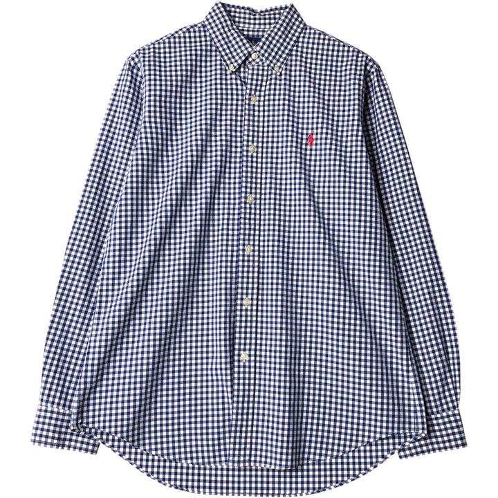 Ralph Lauren Gingham Check Long Sleeve Button-Down Check Shirt, Men's M Size cotton navy blue type Vintage Second Hand
