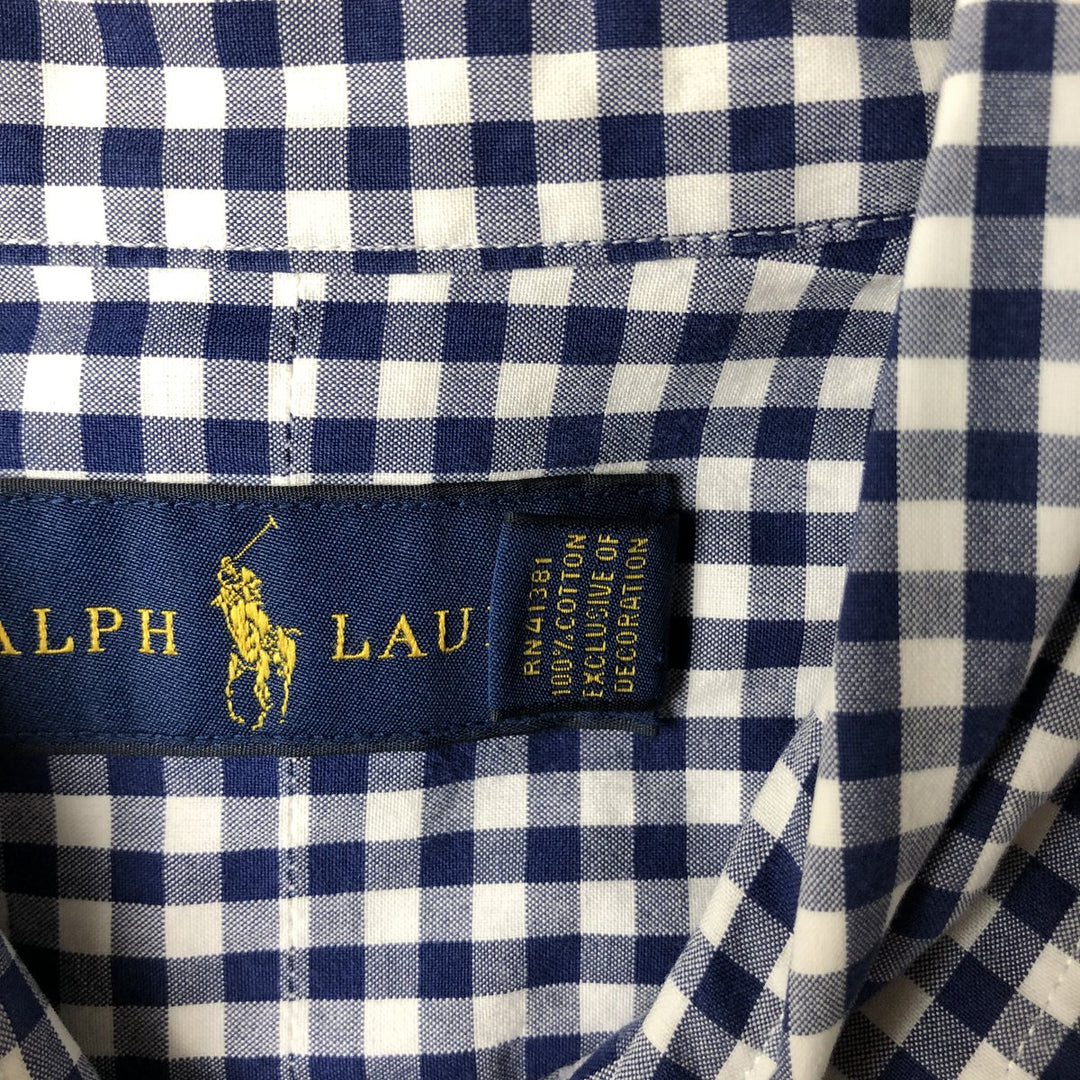 Ralph Lauren Gingham Check Long Sleeve Button-Down Check Shirt, Men's M Size cotton navy blue type Vintage Second Hand