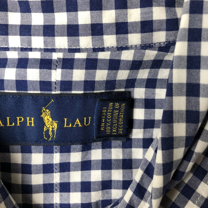 Ralph Lauren Gingham Check Long Sleeve Button-Down Check Shirt, Men's M Size cotton navy blue type Vintage Second Hand