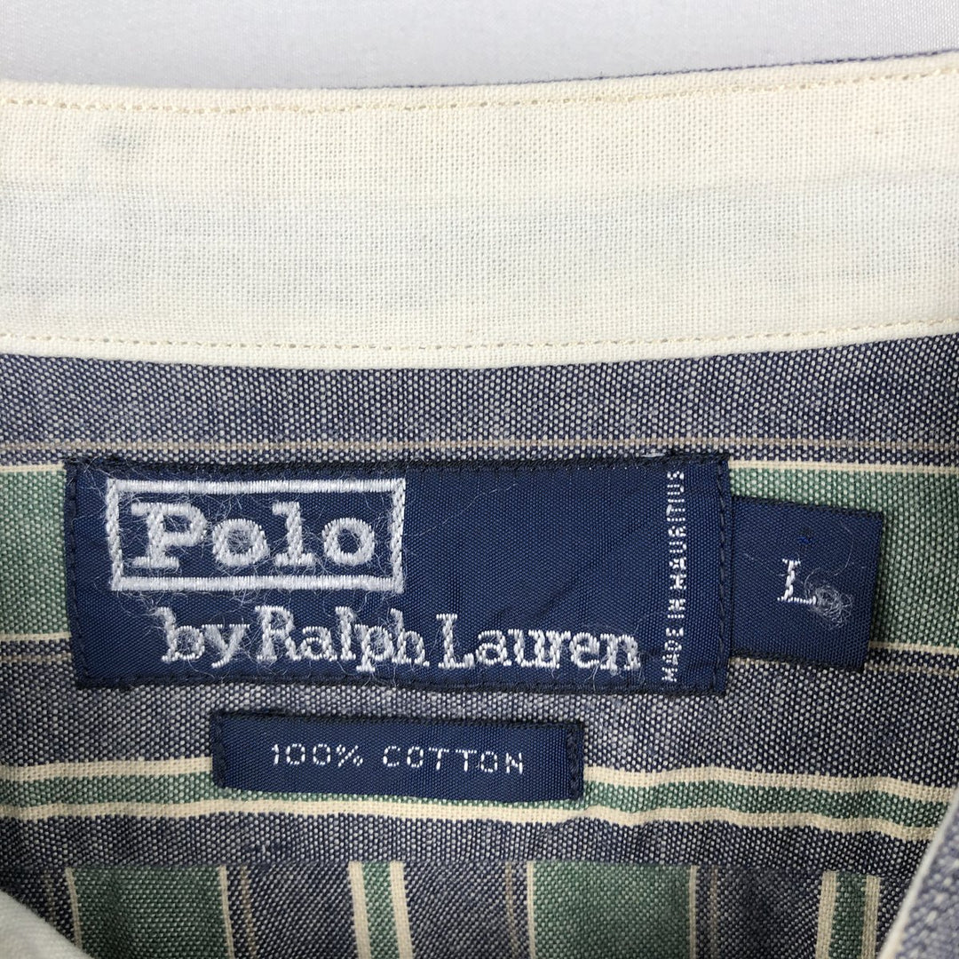 Ralph Lauren POLO by Ralph Lauren Stand Collar Long Sleeve Cotton Stripe Shirt, Men's Size L (approx.) cotton navy blue type Vintage Second Hand