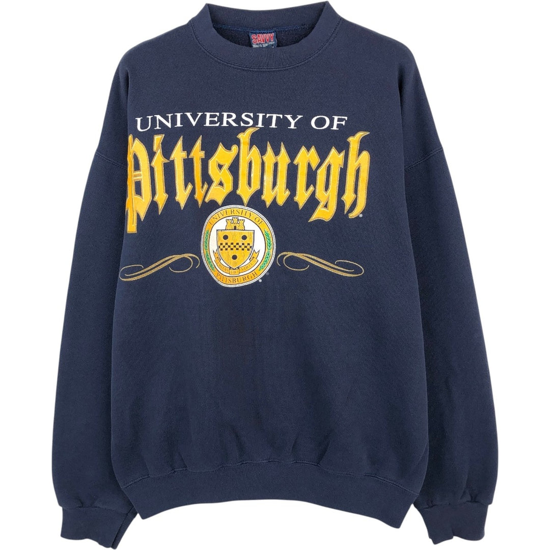 90'S SAVVY Triple Print College Sweatshirt, Made in USA, Men's Size L (Equivalent), Vintage polyester navy blue type Vintage Second Hand