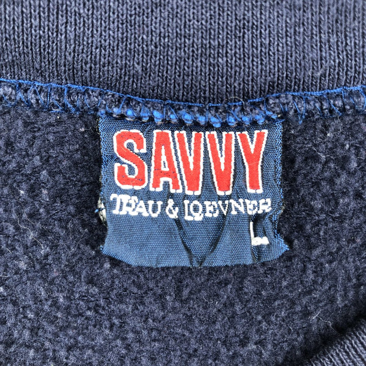 90'S SAVVY Triple Print College Sweatshirt, Made in USA, Men's Size L (Equivalent), Vintage polyester navy blue type Vintage Second Hand