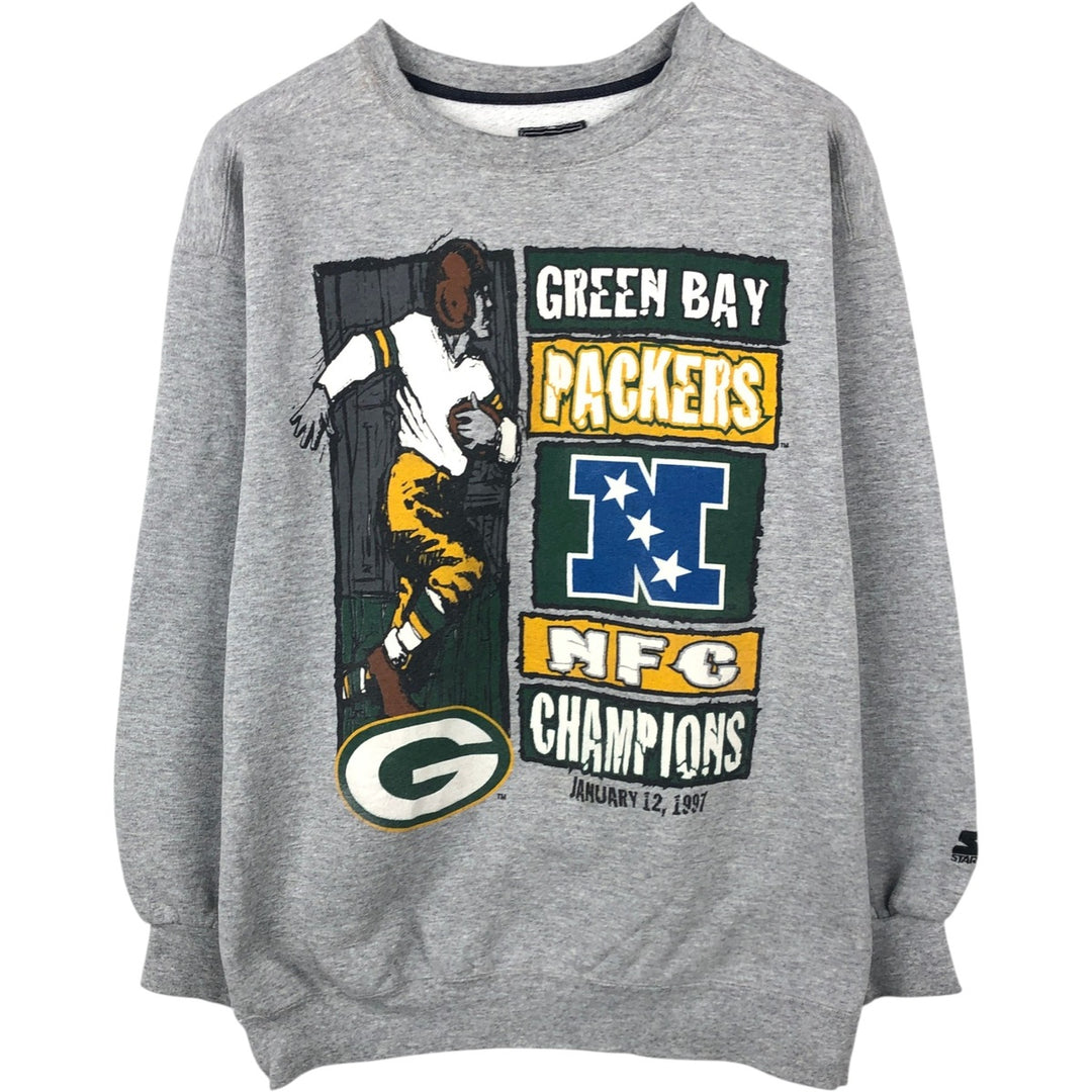 90'S Starter NFL Green Bay Packers Printed Sweatshirt, Made in USA, Men's Size L cotton gray type Vintage Second Hand