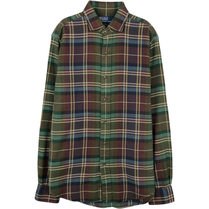 Ralph Lauren POLO by Ralph Lauren CUSTOM FIT Long-Sleeve Light Flannel Check Shirt, Men's Size M (approx.) silk Khaki type Vintage Second Hand