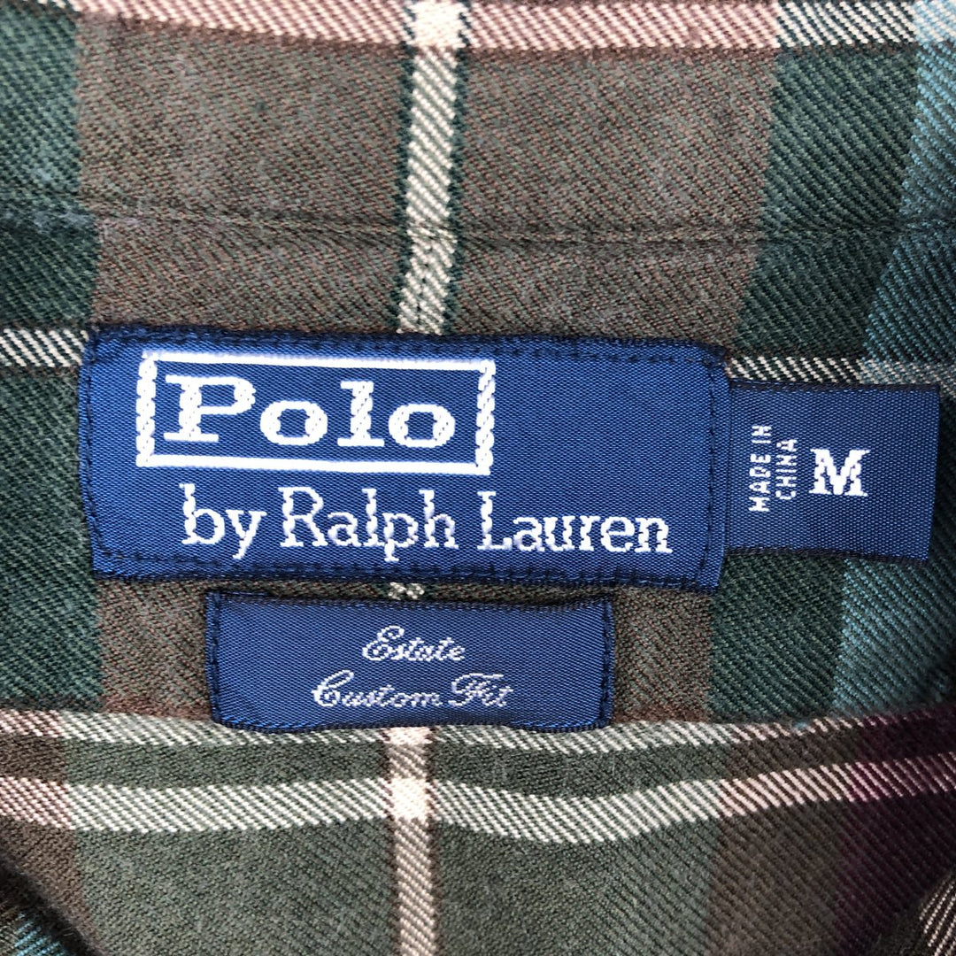 Ralph Lauren POLO by Ralph Lauren CUSTOM FIT Long-Sleeve Light Flannel Check Shirt, Men's Size M (approx.) silk Khaki type Vintage Second Hand