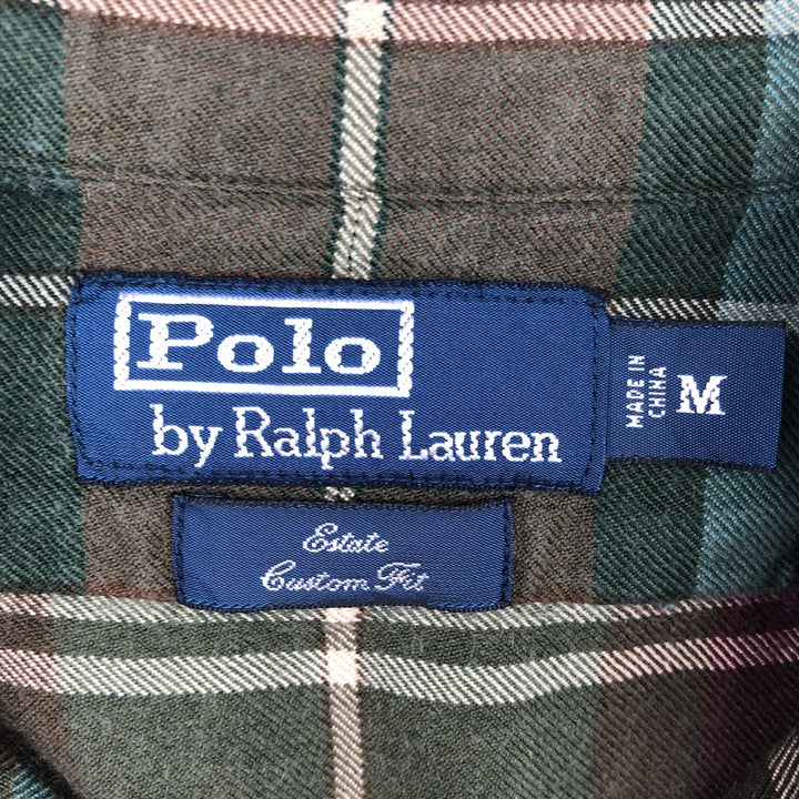 Ralph Lauren POLO by Ralph Lauren CUSTOM FIT Long-Sleeve Light Flannel Check Shirt, Men's Size M (approx.) silk Khaki type Vintage Second Hand