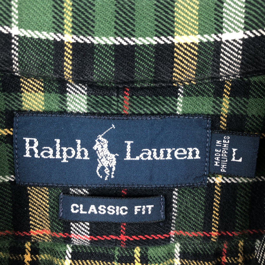 Ralph Lauren Classic Fit Long Sleeve Button Down Flannel Check Shirt Men's Size L cotton Green type dark green Vintage Second Hand