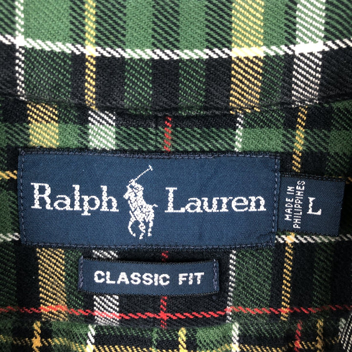 Ralph Lauren Classic Fit Long Sleeve Button Down Flannel Check Shirt Men's Size L cotton Green type dark green Vintage Second Hand