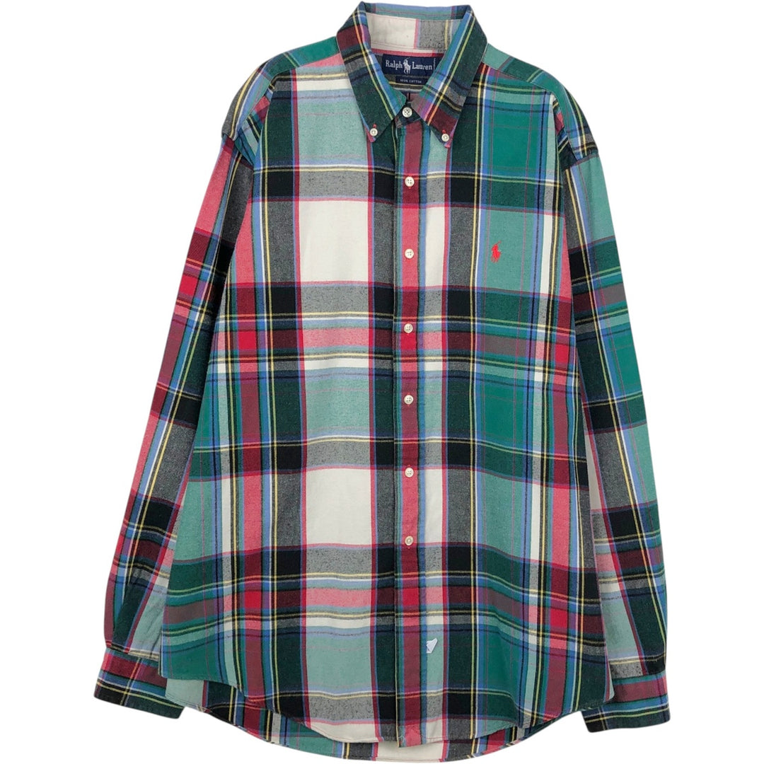 Ralph Lauren long sleeve button down light flannel check shirt, men's XL size cotton green type Vintage Second Hand
