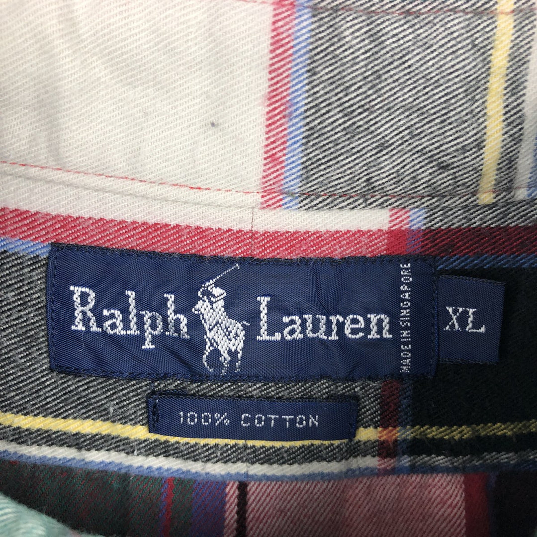 Ralph Lauren long sleeve button down light flannel check shirt, men's XL size cotton green type Vintage Second Hand