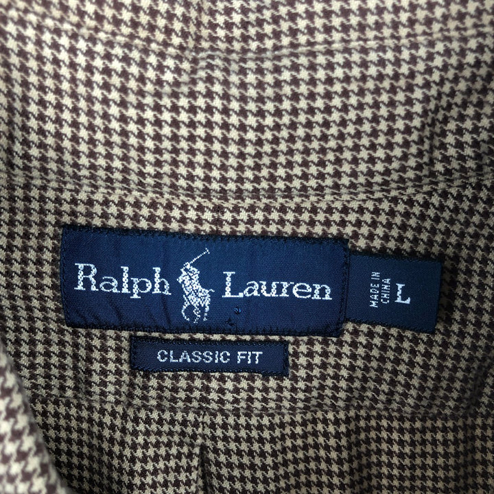 Ralph Lauren CLASSIC FIT Houndstooth Pattern Long-Sleeve Button-Down Light Flannel Check Shirt, Men's Size L (approx.) cotton brown type Vintage Second Hand