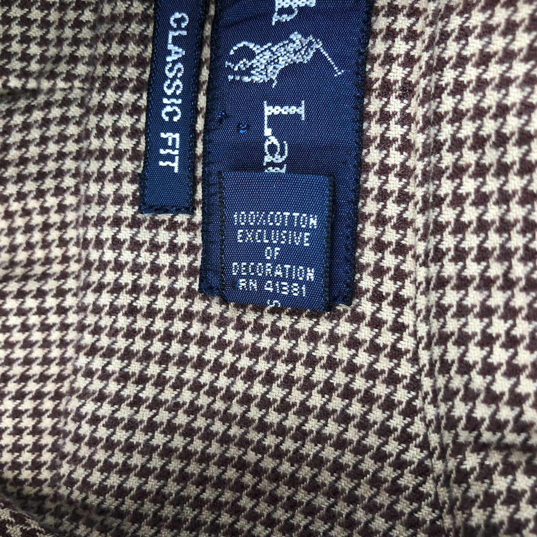 Ralph Lauren CLASSIC FIT Houndstooth Pattern Long-Sleeve Button-Down Light Flannel Check Shirt, Men's Size L (approx.) cotton brown type Vintage Second Hand