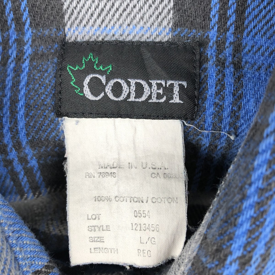 CODET Long-Sleeve Flannel Check Shirt, Made in USA, Men's Size L (equivalent) cotton blue type Vintage Second Hand