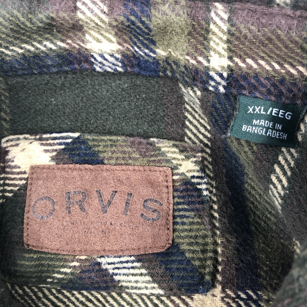 Orvis Long Sleeve Flannel Check Shirt, Men's XXL cotton Khaki type sage green Vintage Second Hand