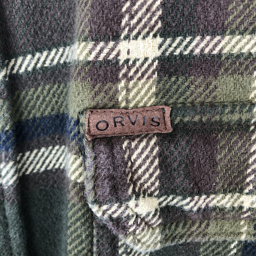 Orvis Long Sleeve Flannel Check Shirt, Men's XXL cotton Khaki type sage green Vintage Second Hand