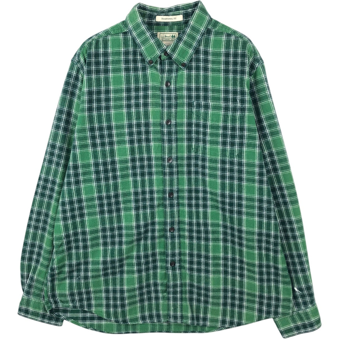 LLBean Traditional Fit Long-Sleeve Flannel Check Shirt, Men's Size L (approx.) cotton green type Vintage Second Hand