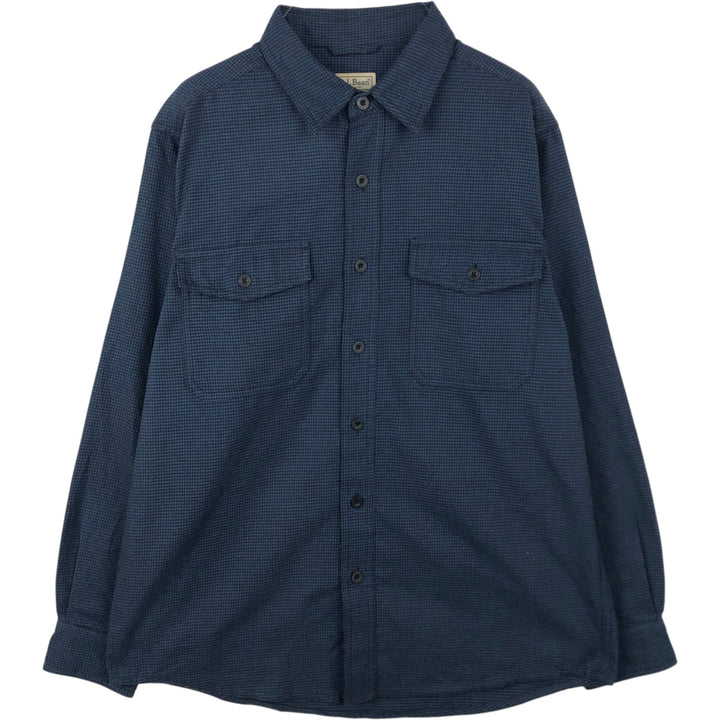 LLBean Houndstooth Pattern Long-Sleeve Flannel Shirt, Men's Size M (approx.) polyester blue type Vintage Second Hand
