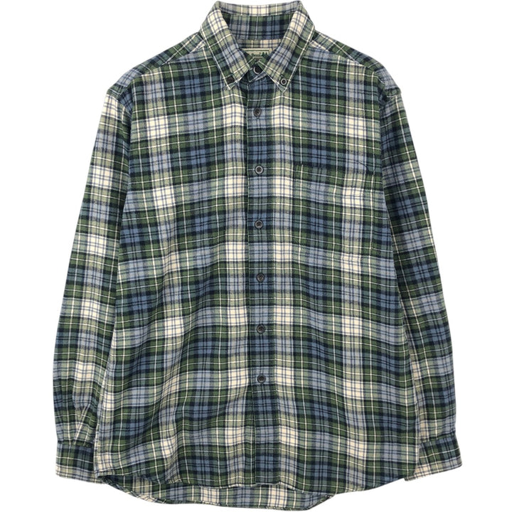 LLBean Long-Sleeve Button-Down Light Flannel Check Shirt, Men's Size S (approx.) cotton green type Vintage Second Hand