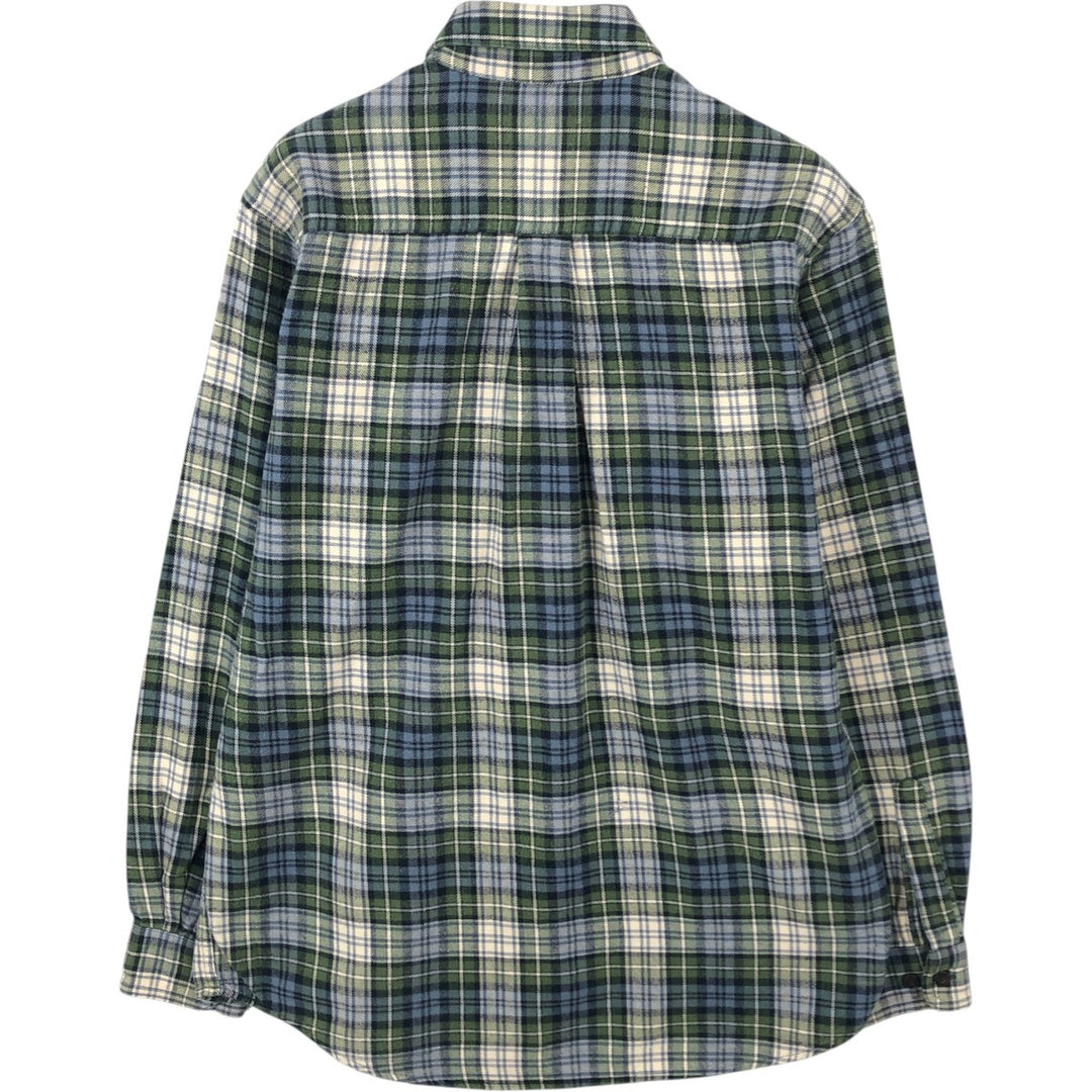 LLBean Long-Sleeve Button-Down Light Flannel Check Shirt, Men's Size S (approx.) cotton green type Vintage Second Hand