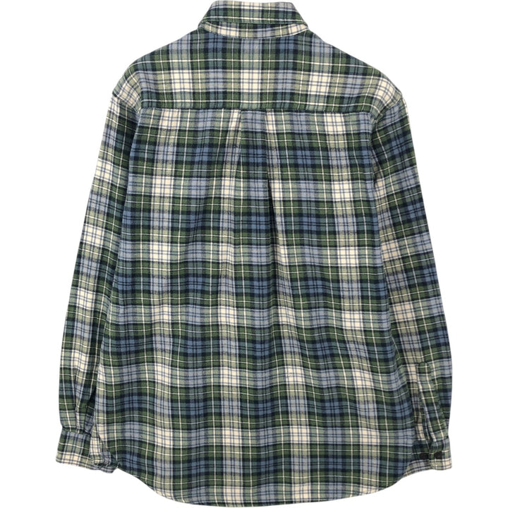 LLBean Long-Sleeve Button-Down Light Flannel Check Shirt, Men's Size S (approx.) cotton green type Vintage Second Hand
