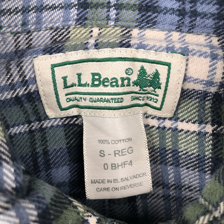 LLBean Long-Sleeve Button-Down Light Flannel Check Shirt, Men's Size S (approx.) cotton green type Vintage Second Hand