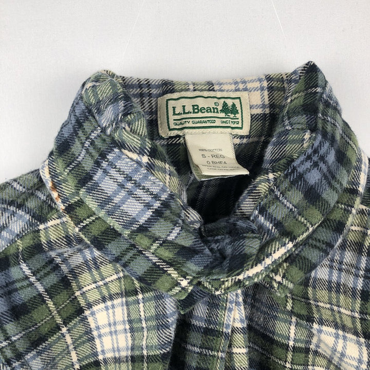 LLBean Long-Sleeve Button-Down Light Flannel Check Shirt, Men's Size S (approx.) cotton green type Vintage Second Hand