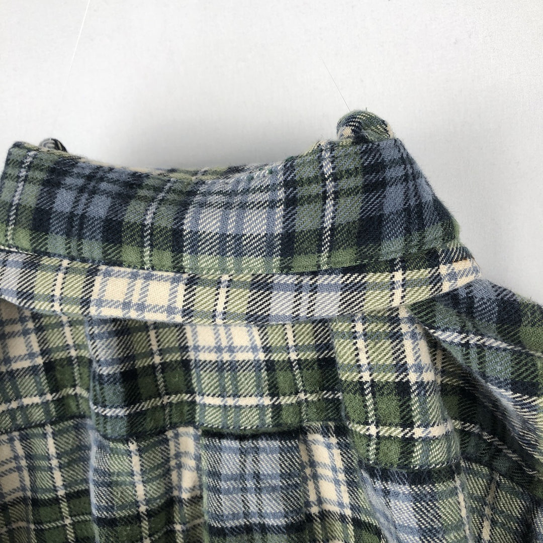 LLBean Long-Sleeve Button-Down Light Flannel Check Shirt, Men's Size S (approx.) cotton green type Vintage Second Hand