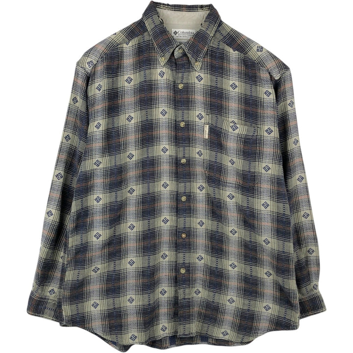 90s-00'S Columbia all-over print long-sleeved button-down flannel check shirt, men's size L (approx.) cotton navy blue type Vintage Second Hand