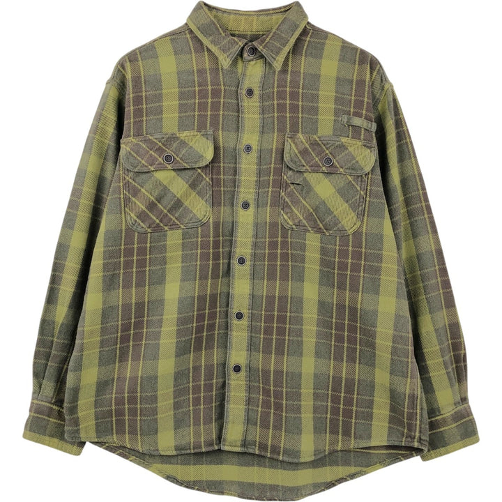 Cabelas Long-Sleeve Flannel Check Shirt, Men's Size L (approx.) cotton Khaki type sage green Vintage Second Hand