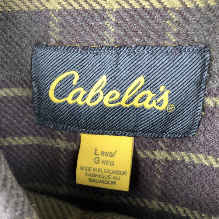Cabelas Long-Sleeve Flannel Check Shirt, Men's Size L (approx.) cotton Khaki type sage green Vintage Second Hand