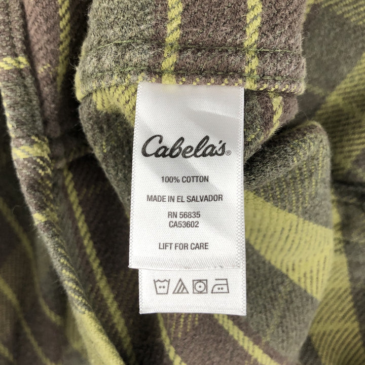 Cabelas Long-Sleeve Flannel Check Shirt, Men's Size L (approx.) cotton Khaki type sage green Vintage Second Hand