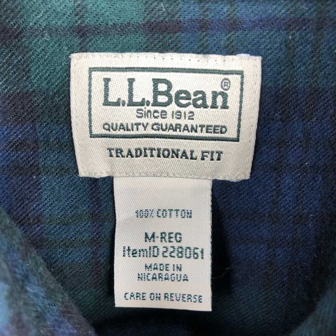 LLBean Traditional Fit Long-Sleeve Button-Down Light Flannel Check Shirt, Men's Size M (approx.) cotton green type Vintage Second Hand
