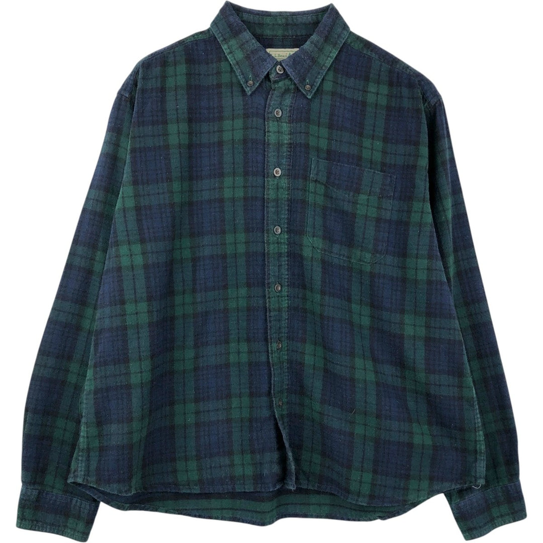 LLBean Long Sleeve Button Down Light Flannel Check Shirt, Men's Size L cotton Green type dark green Vintage Second Hand