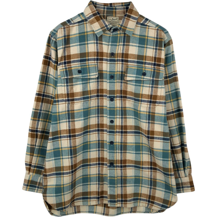 90s-00'S L.L.Bean Traditional Fit Long-Sleeve Heavy Flannel Check Shirt, Men's Size M (approx.) cotton Beige type Vintage Second Hand