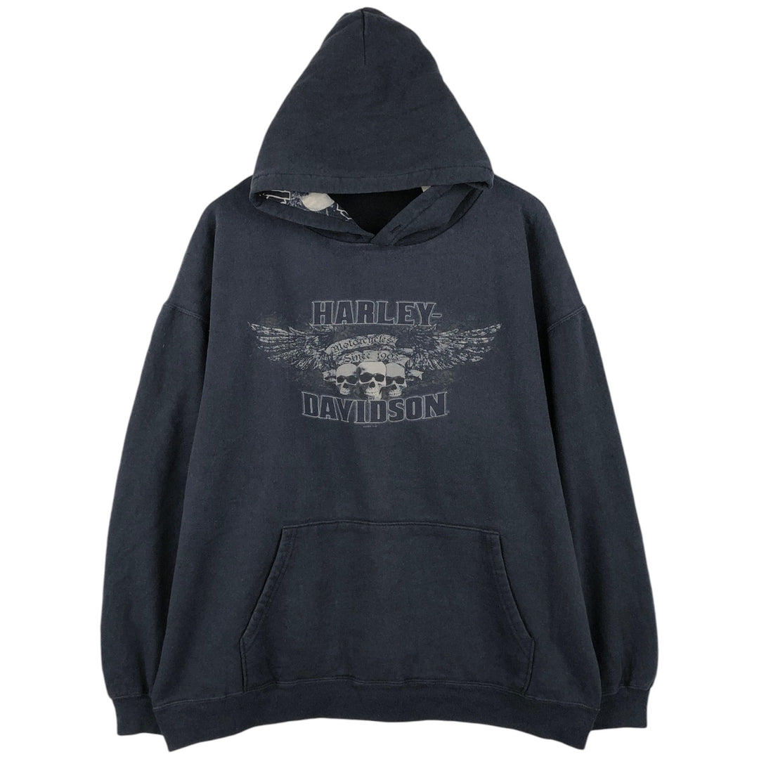Harley-Davidson Skull Pattern Skull Wing Advertising Sweatshirt Pullover Hoodie (Men's Size L) cotton black type Vintage Second Hand